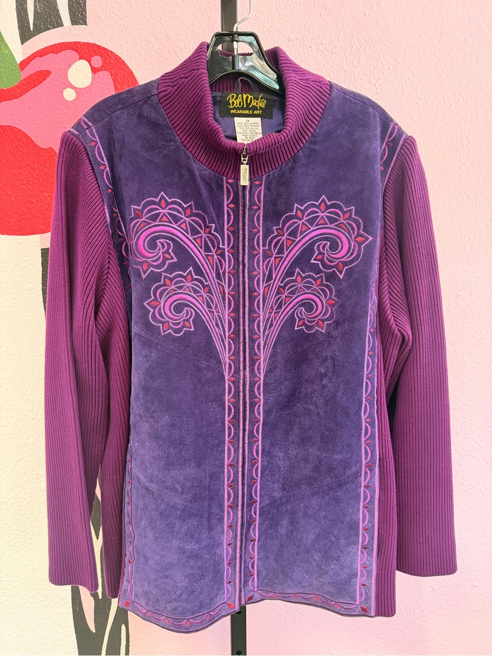 Bob Mackie Vintage Suede Leather Embroidered Purple Knit Zip Up Jacket Sz 1X